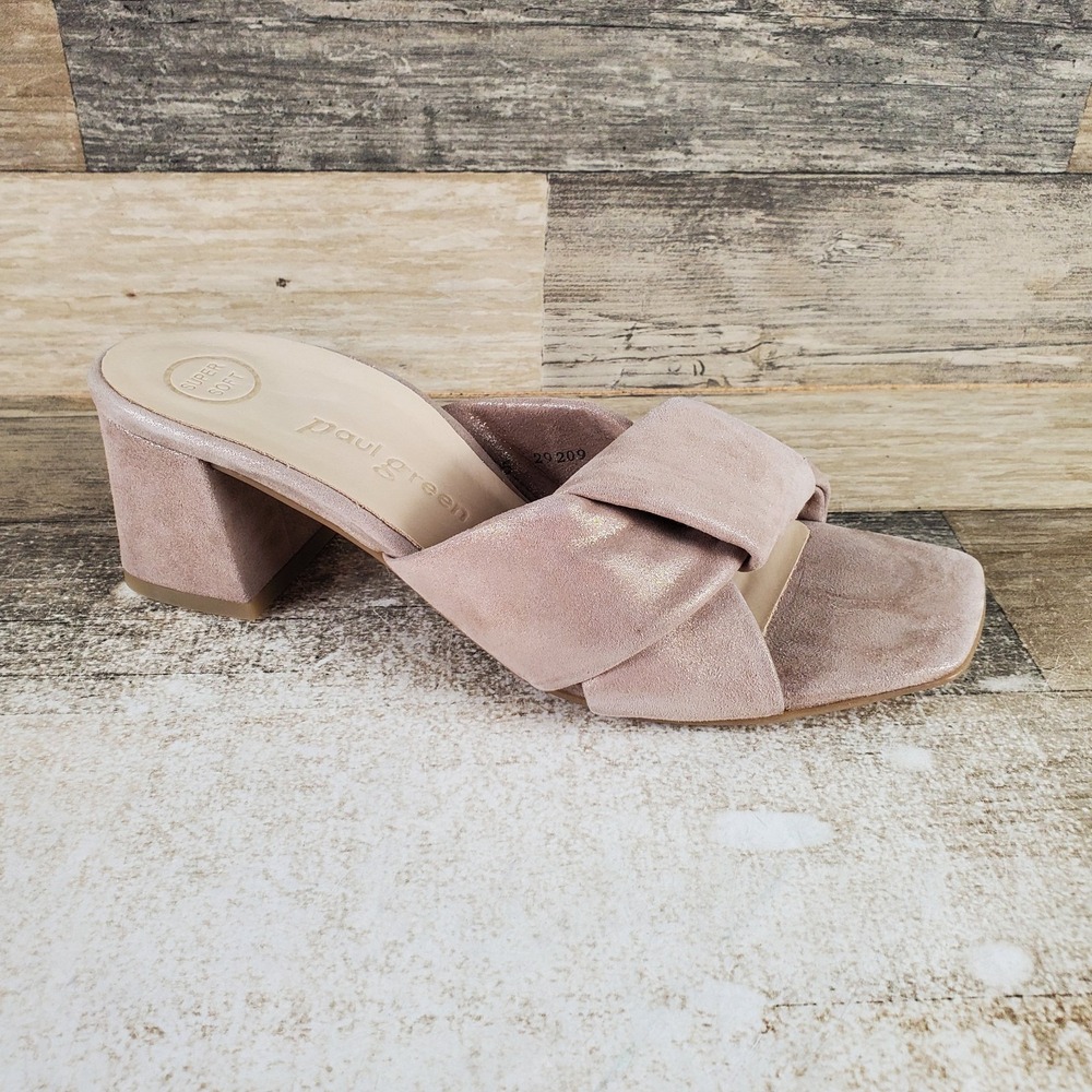 Paul Green Delight Slide Sandal Womens Sz 7.5 Cashmere Metallic Suede Square Toe